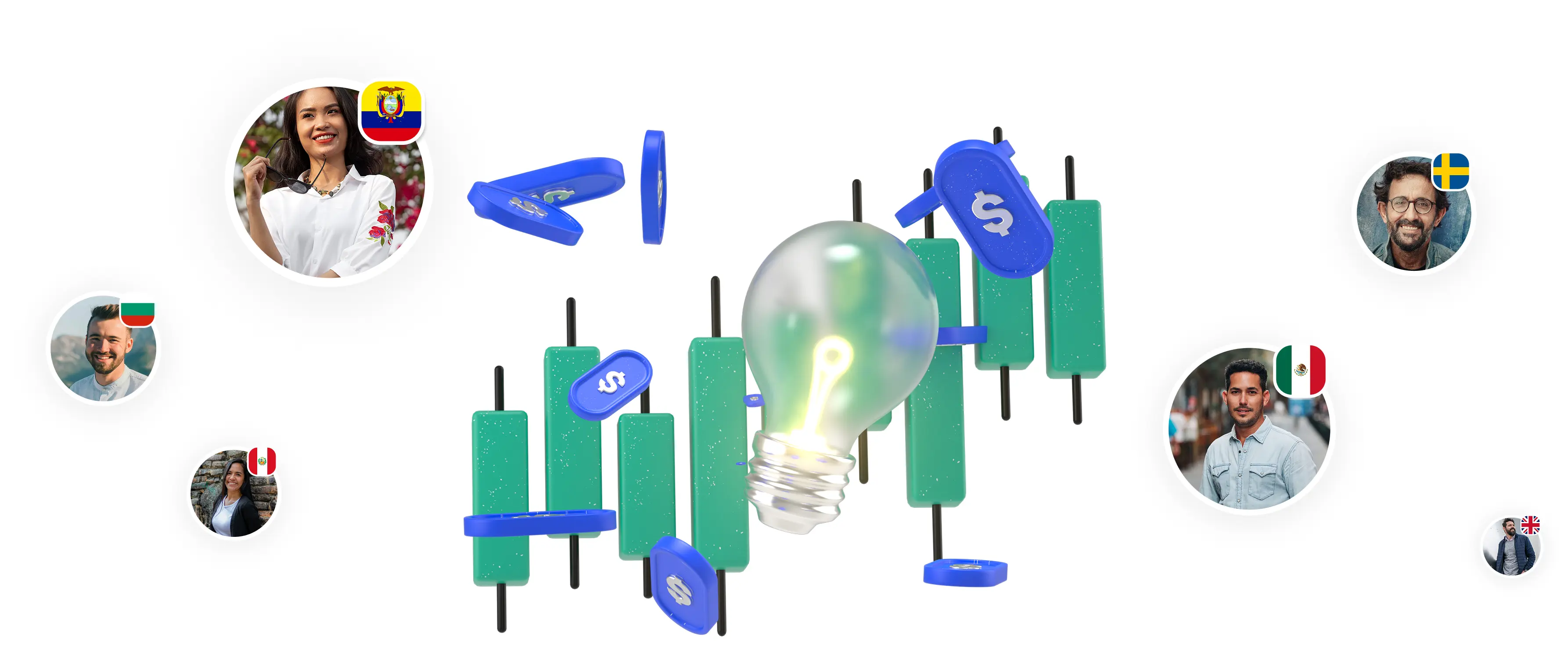 A digital illustration of financial candlestick charts, a glowing light bulb, and floating dollar tokens, with diverse user profile pictures and country flags.